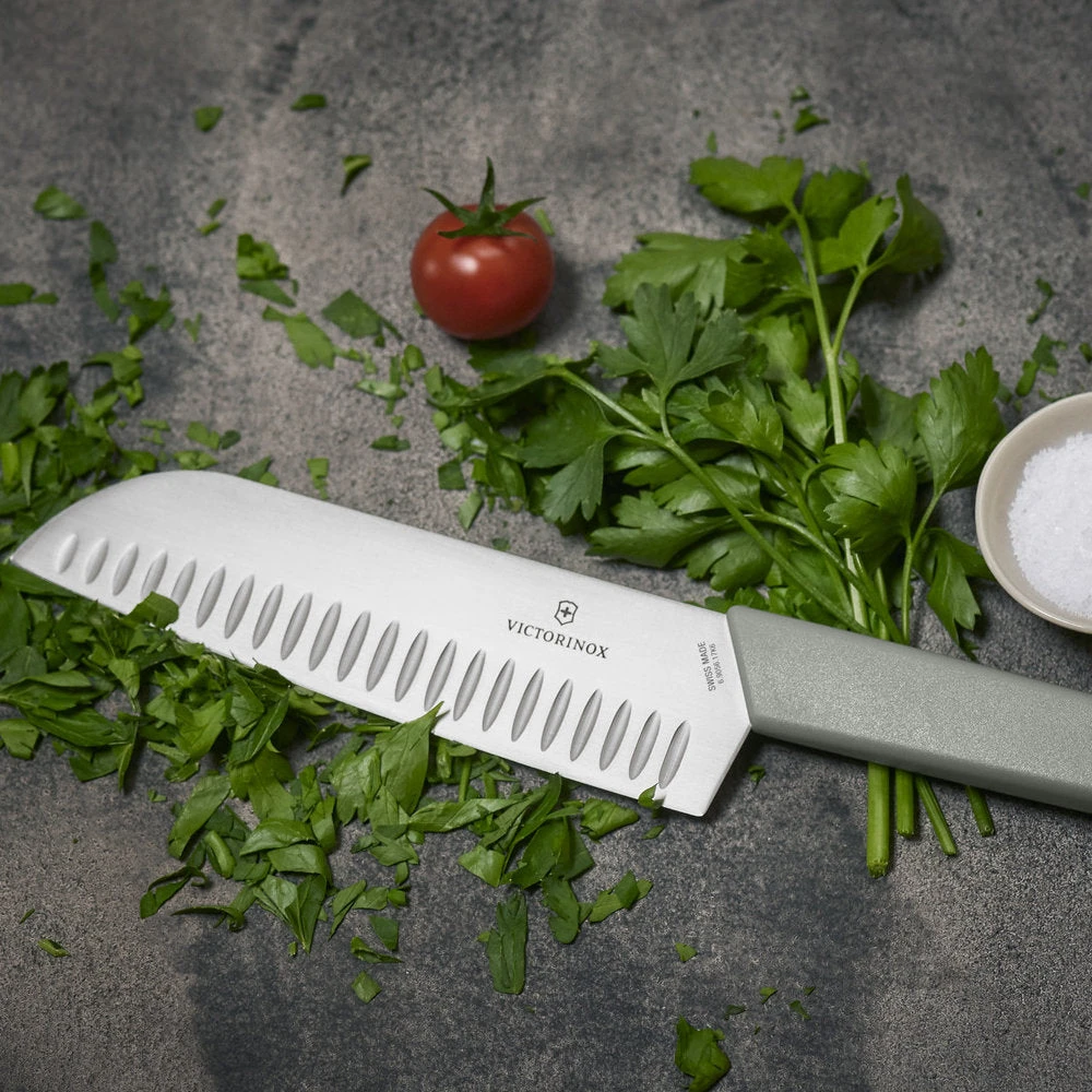 Swiss Modern Colors 7.5" Granton Edge Santoku Knife In Olive Green By Victorinox - Image 6