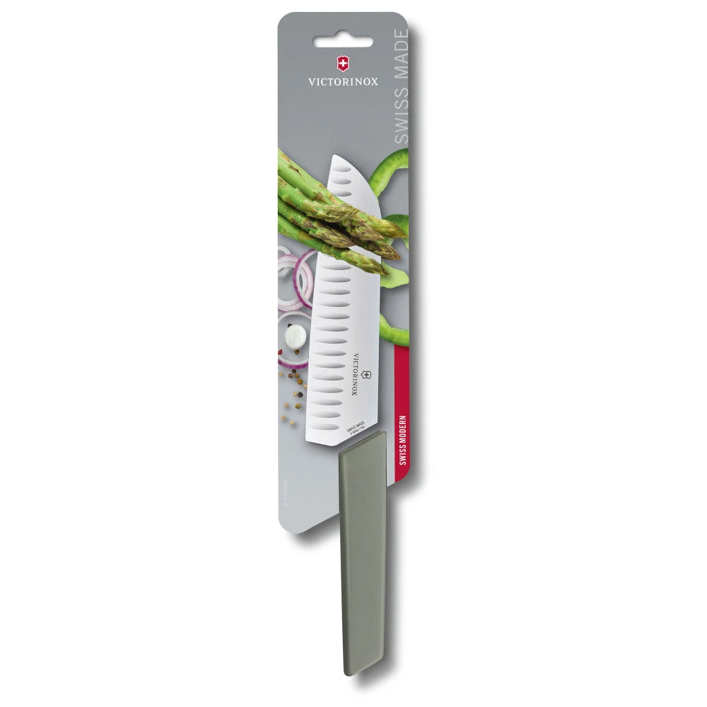 Swiss Modern Colors 7.5" Granton Edge Santoku Knife In Olive Green By Victorinox - Image 5